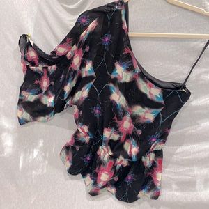 Halston Heritage 100% Silk 1 Sleeve Blouse w Flounce Black pink blue EUC Size 6